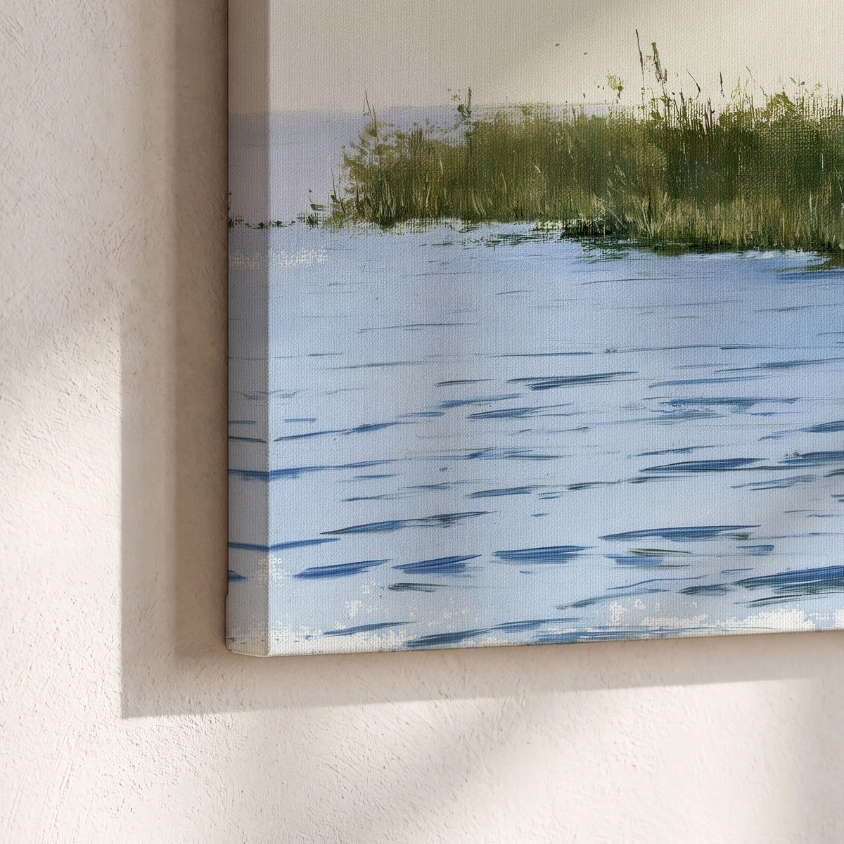 A white heron wading through bright blue water beside green reeds 3 piece canvas wall art material and edge close up