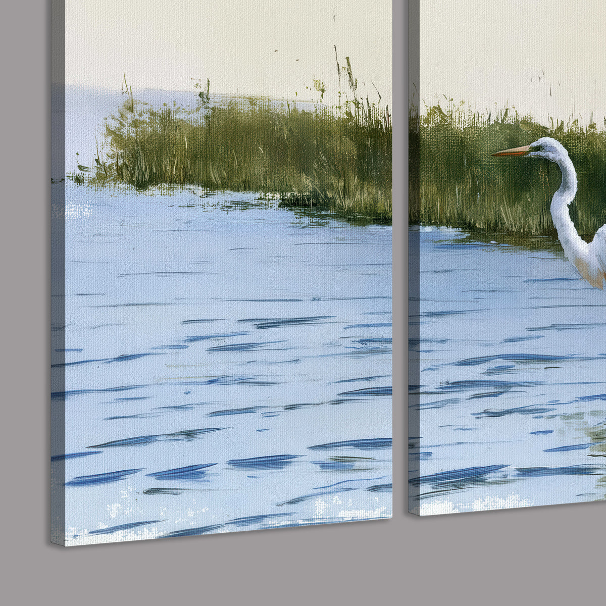 A white heron wading through bright blue water beside green reeds 3 piece canvas wall art room and product view