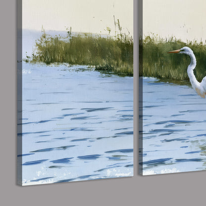 A white heron wading through bright blue water beside green reeds 3 piece canvas wall art room and product view