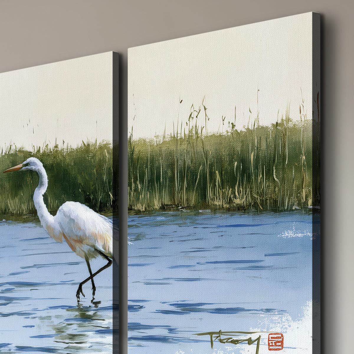 A white heron wading through bright blue water beside green reeds 3 piece canvas wall art room and product view