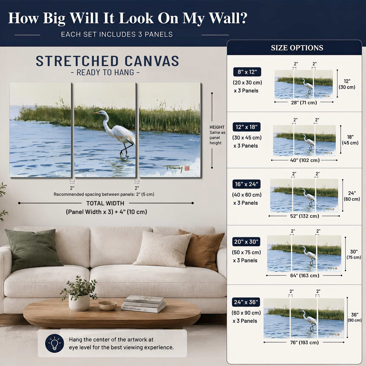 A white heron wading through bright blue water beside green reeds 3 piece canvas wall art size guide above a sofa; room view is illustrative