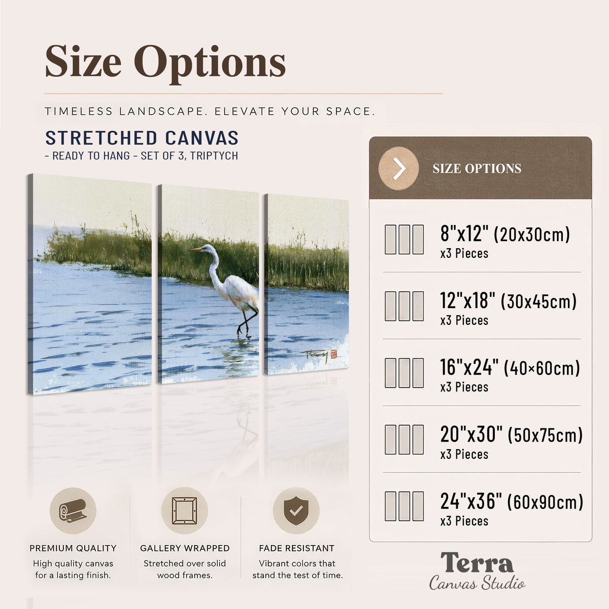 A white heron wading through bright blue water beside green reeds 3 piece canvas wall art available dimensions; triptych dimensions are per panel