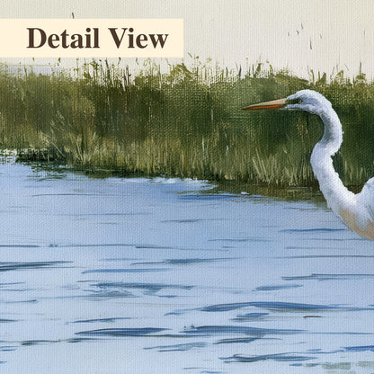 A white heron wading through bright blue water beside green reeds 3 piece canvas wall art artwork detail close up