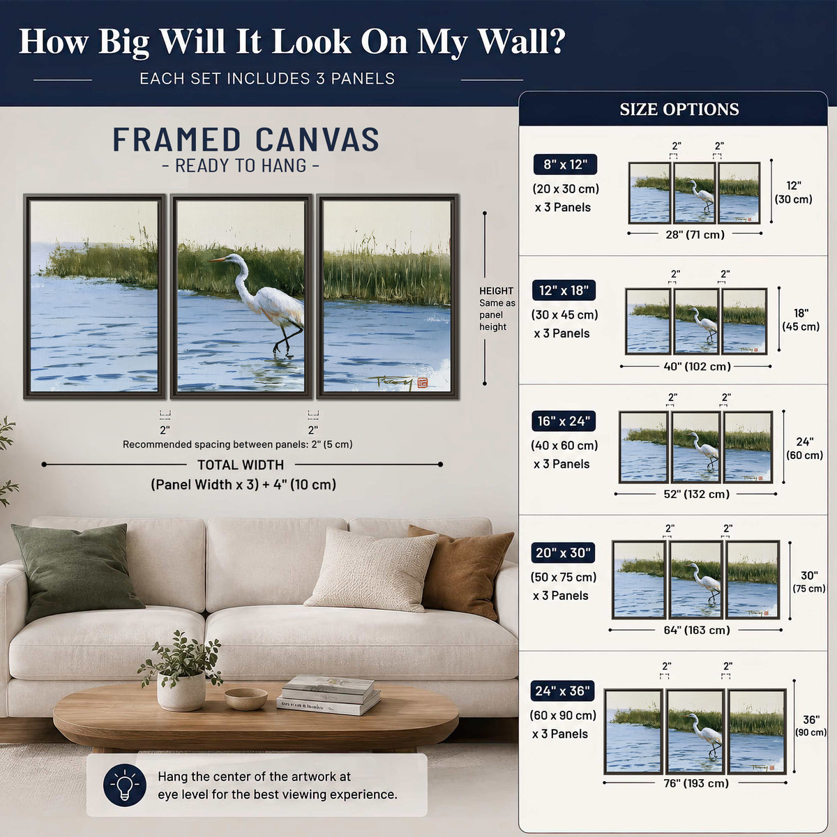 A white heron wading through bright blue water beside green reeds 3 piece framed canvas wall art size guide above a sofa; room view is illustrative