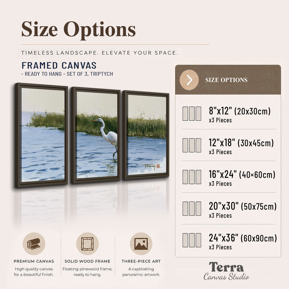 A white heron wading through bright blue water beside green reeds 3 piece framed canvas wall art available dimensions; triptych dimensions are per panel