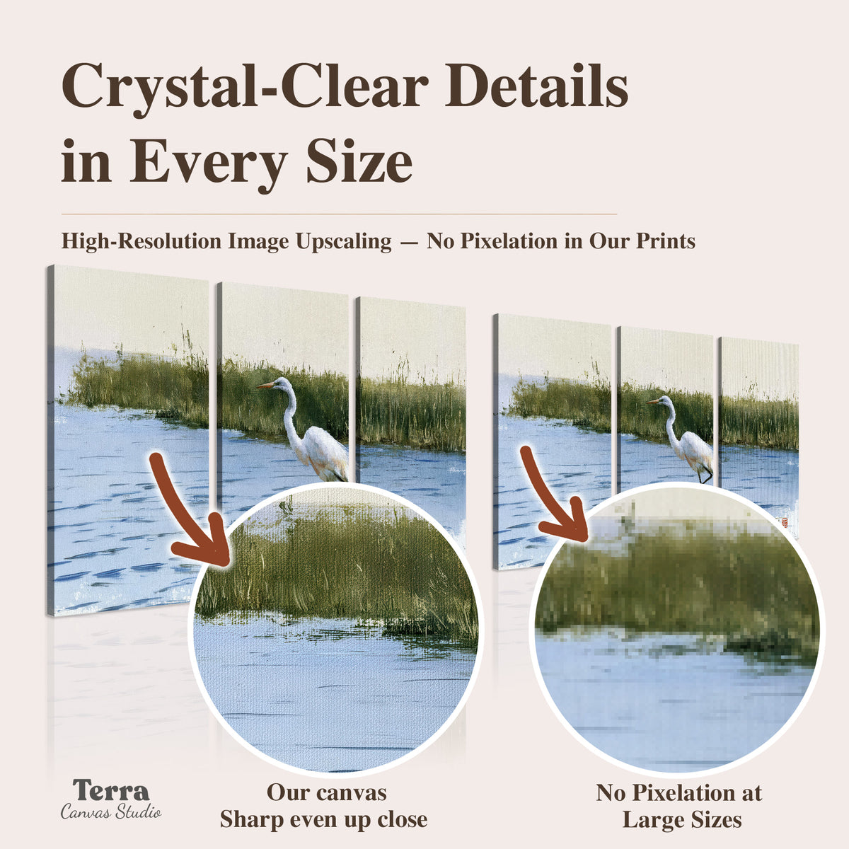 A white heron wading through bright blue water beside green reeds artwork quality information