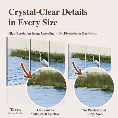 A white heron wading through bright blue water beside green reeds artwork quality information