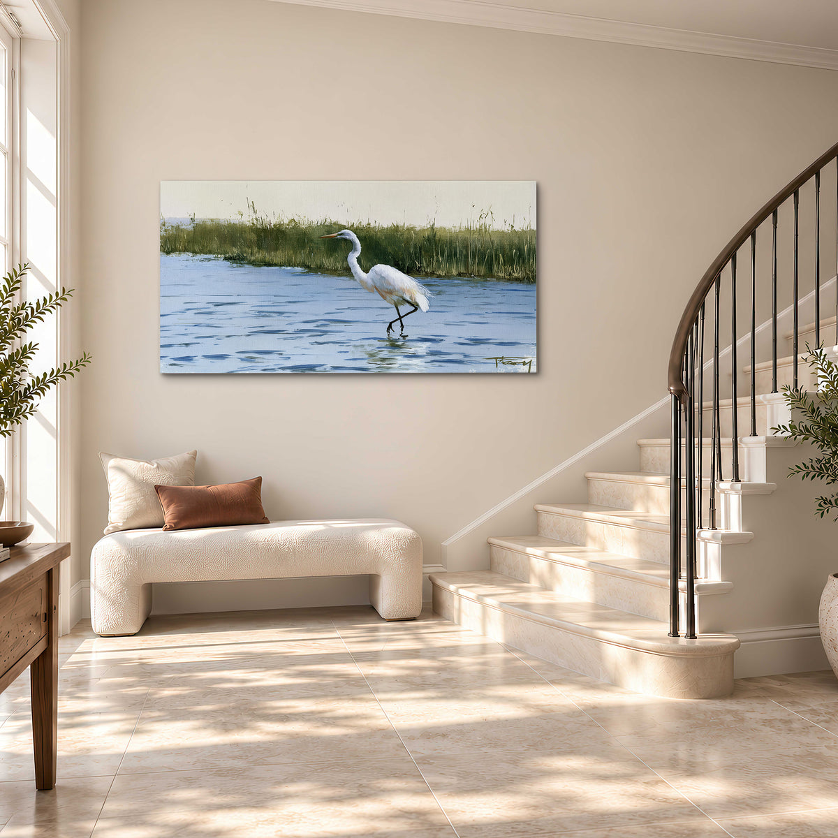 A white heron wading through bright blue water beside green reeds single canvas wall art styled in an interior
