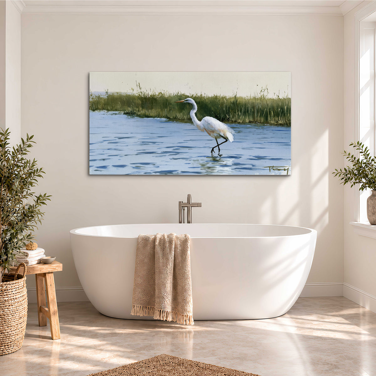 A white heron wading through bright blue water beside green reeds single canvas wall art styled in an interior