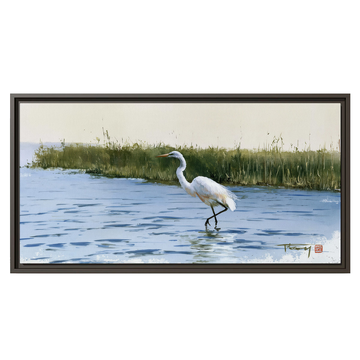 A white heron wading through bright blue water beside green reeds single framed canvas wall art viewed straight on