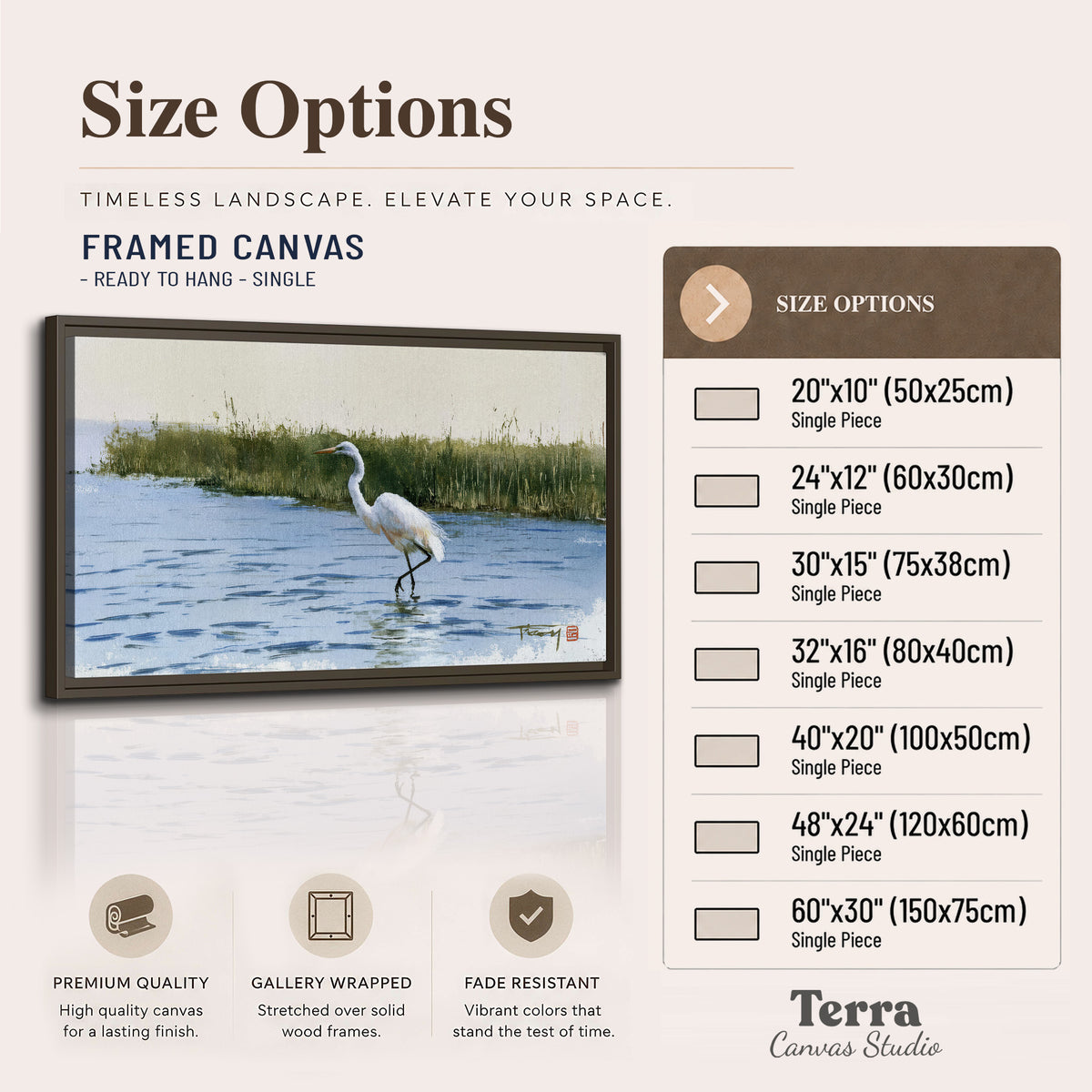A white heron wading through bright blue water beside green reeds single framed canvas wall art available dimensions