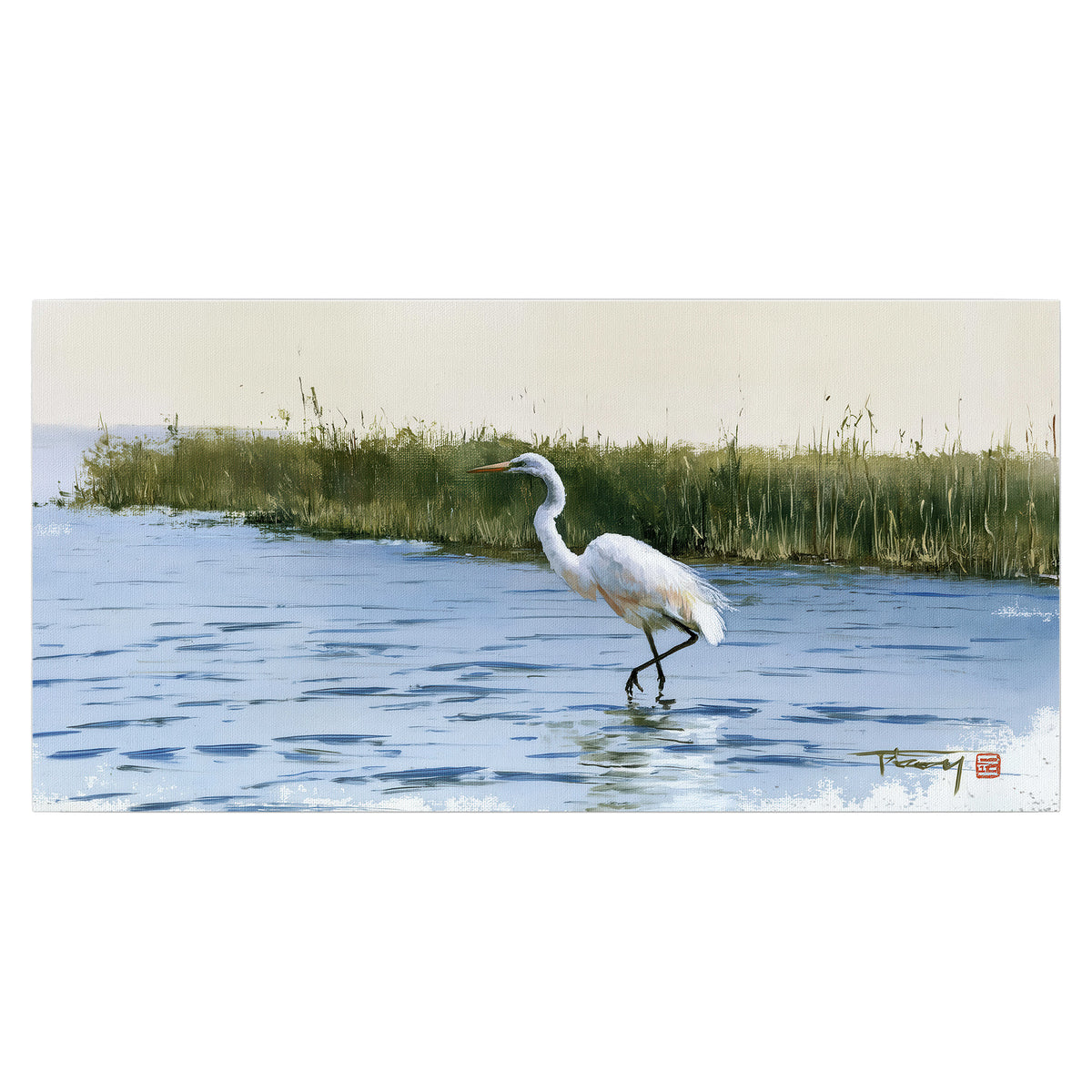 A white heron wading through bright blue water beside green reeds single poster print viewed straight on