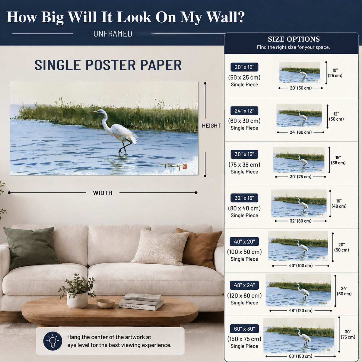 A white heron wading through bright blue water beside green reeds single poster print size guide above a sofa; room view is illustrative