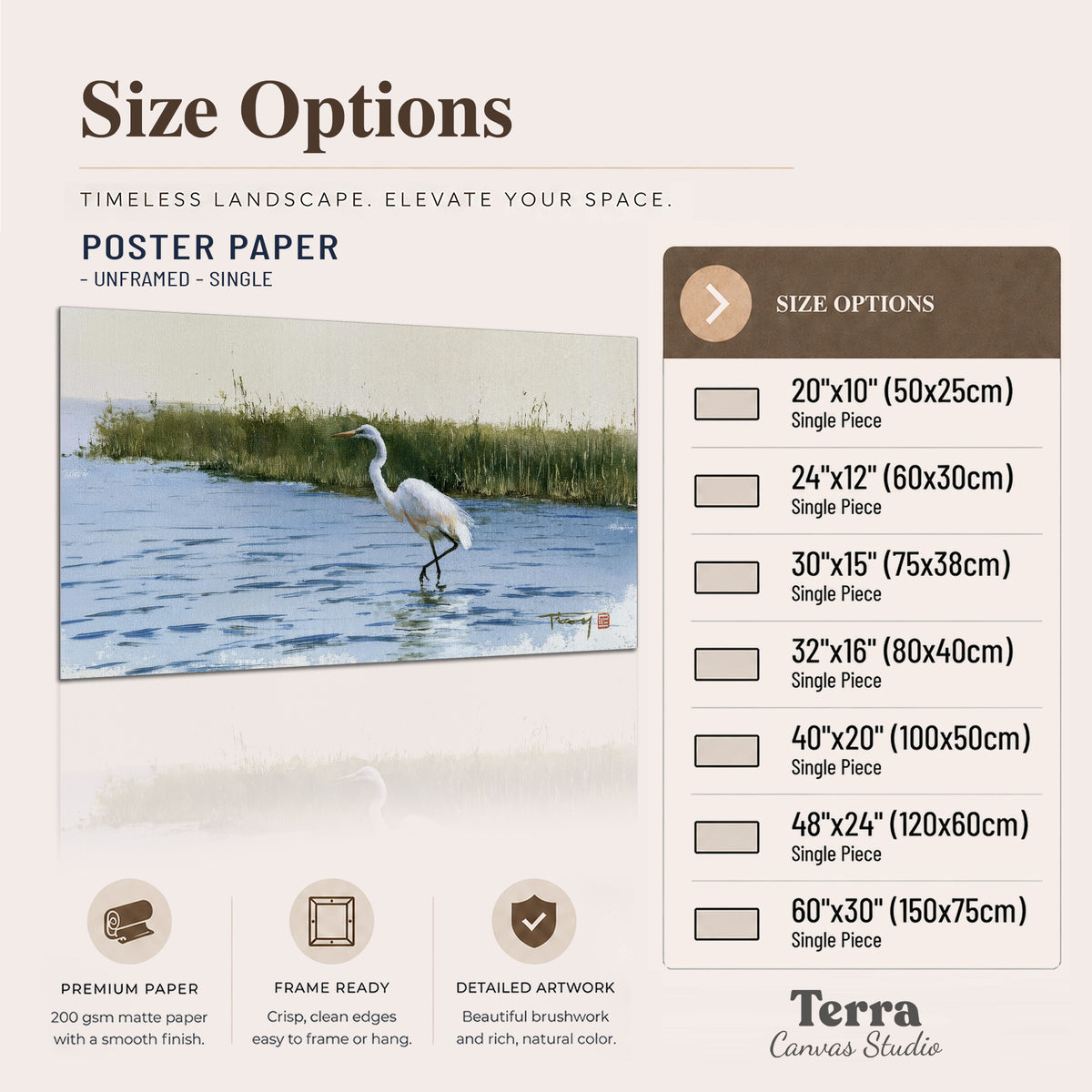 A white heron wading through bright blue water beside green reeds single poster print available dimensions