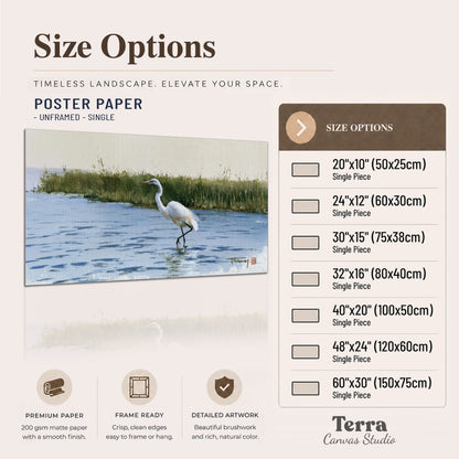 A white heron wading through bright blue water beside green reeds single poster print available dimensions