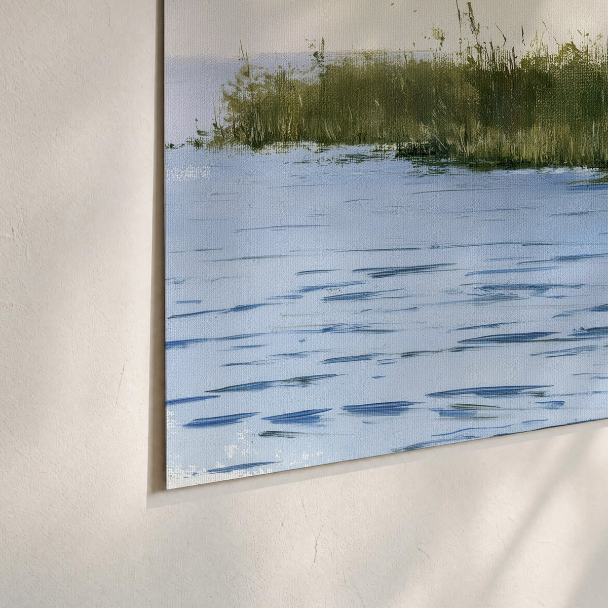 A white heron wading through bright blue water beside green reeds set of 3 poster prints material and edge close up