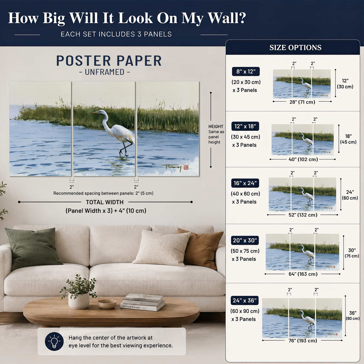 A white heron wading through bright blue water beside green reeds set of 3 poster prints size guide above a sofa; room view is illustrative