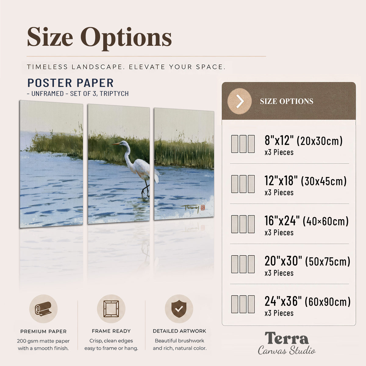 A white heron wading through bright blue water beside green reeds set of 3 poster prints available dimensions; triptych dimensions are per panel