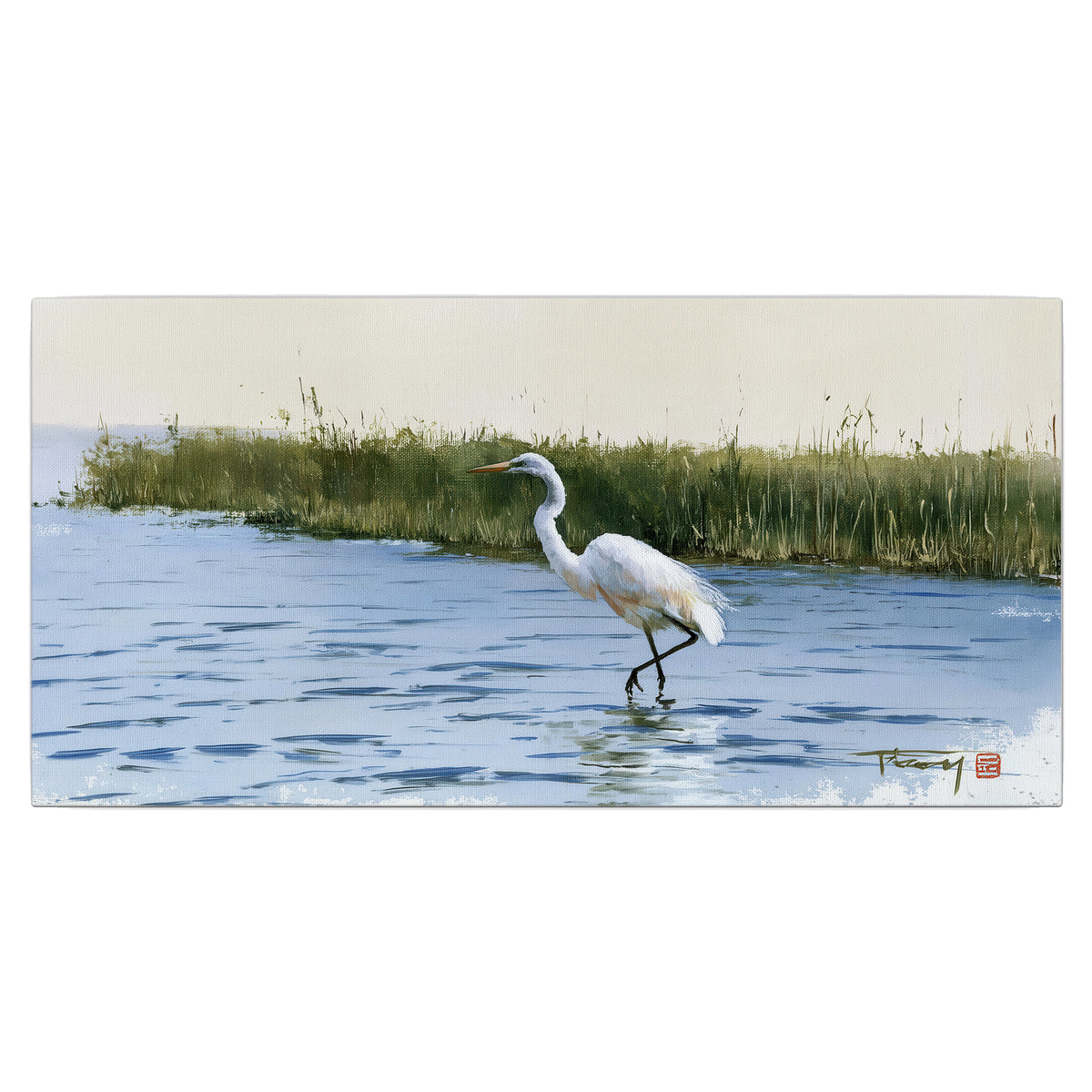 A white heron wading through bright blue water beside green reeds single canvas wall art viewed straight on