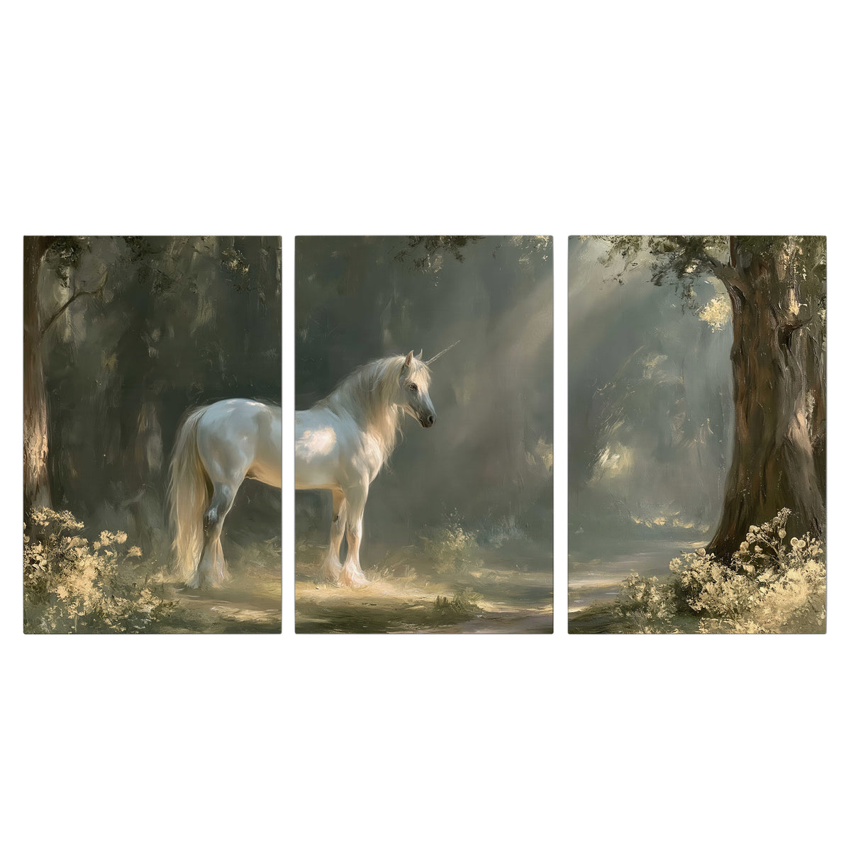 A white unicorn standing beneath arching trees in a softly lit woodland 3 piece canvas wall art viewed straight on