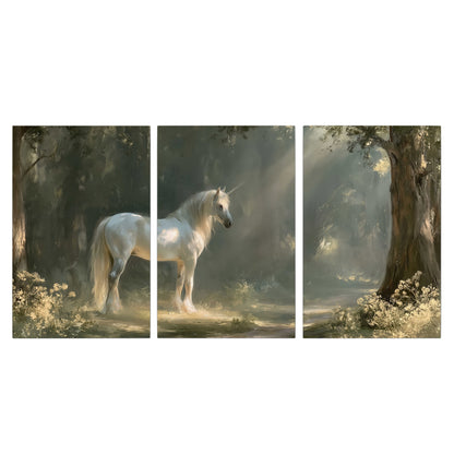 A white unicorn standing beneath arching trees in a softly lit woodland 3 piece canvas wall art viewed straight on