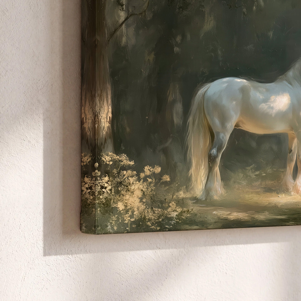 A white unicorn standing beneath arching trees in a softly lit woodland 3 piece canvas wall art material and edge close up
