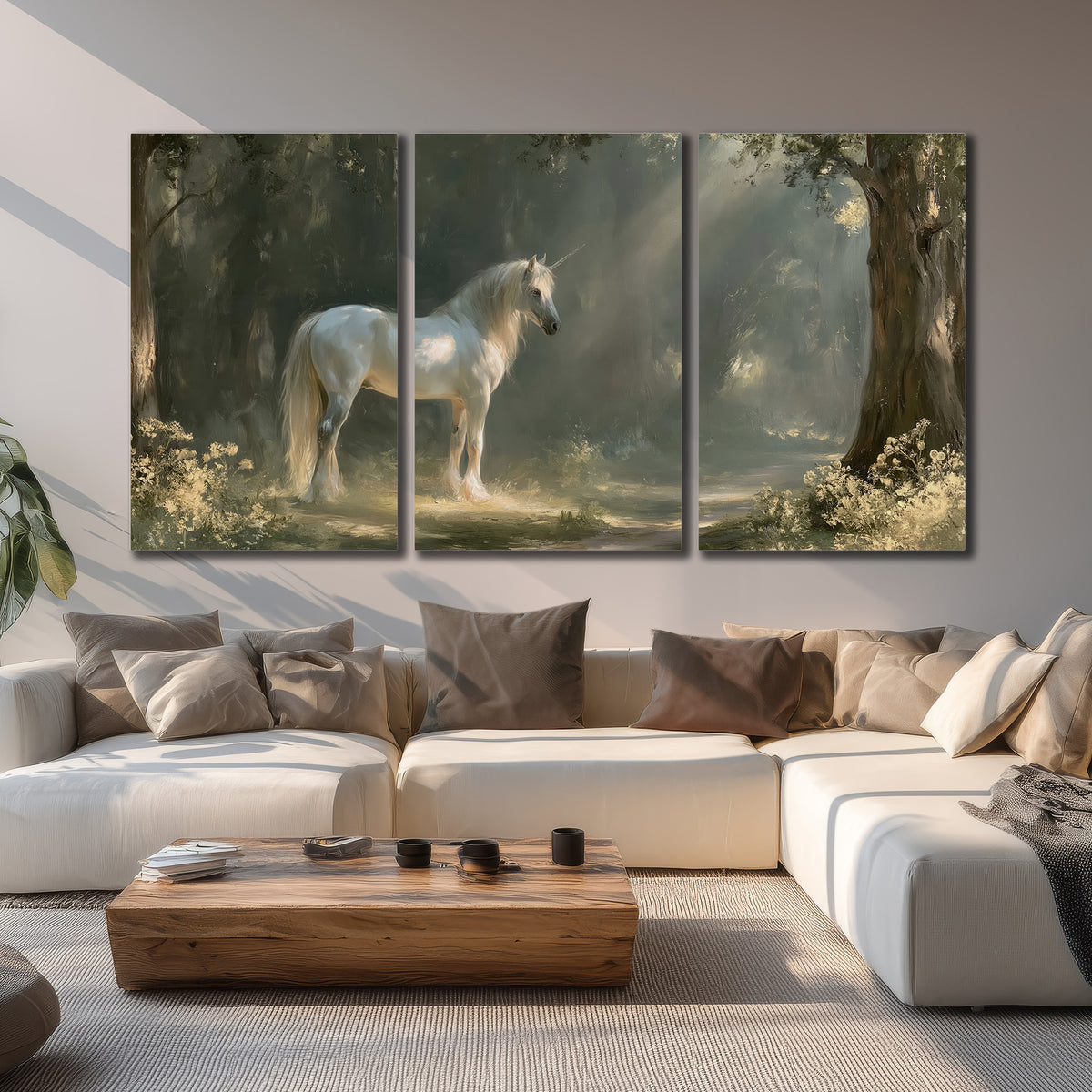 A white unicorn standing beneath arching trees in a softly lit woodland 3 piece canvas wall art displayed in a living room