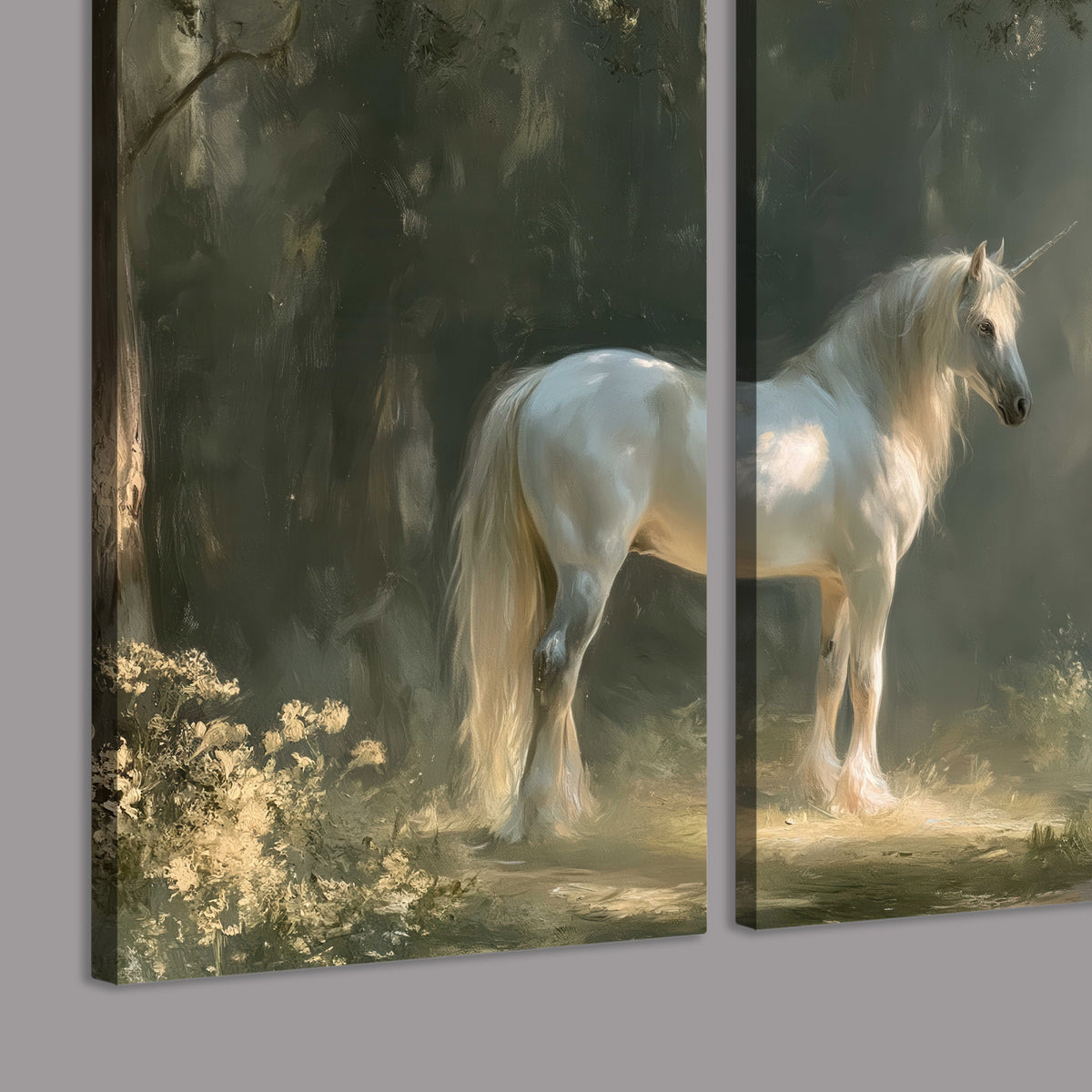 A white unicorn standing beneath arching trees in a softly lit woodland 3 piece canvas wall art room and product view