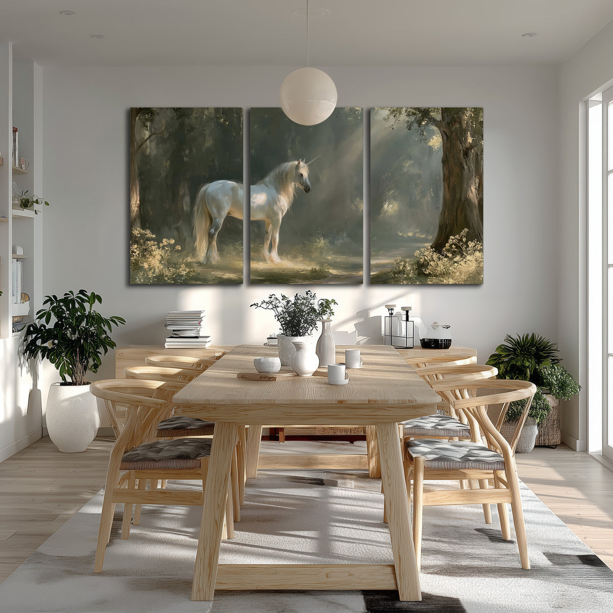 A white unicorn standing beneath arching trees in a softly lit woodland 3 piece canvas wall art room and product view