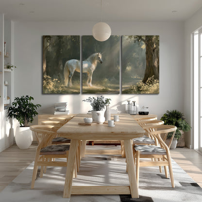 A white unicorn standing beneath arching trees in a softly lit woodland 3 piece canvas wall art room and product view