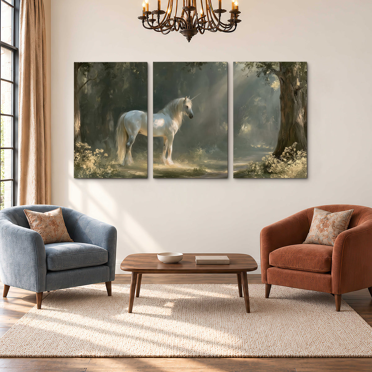 A white unicorn standing beneath arching trees in a softly lit woodland 3 piece canvas wall art styled in an interior