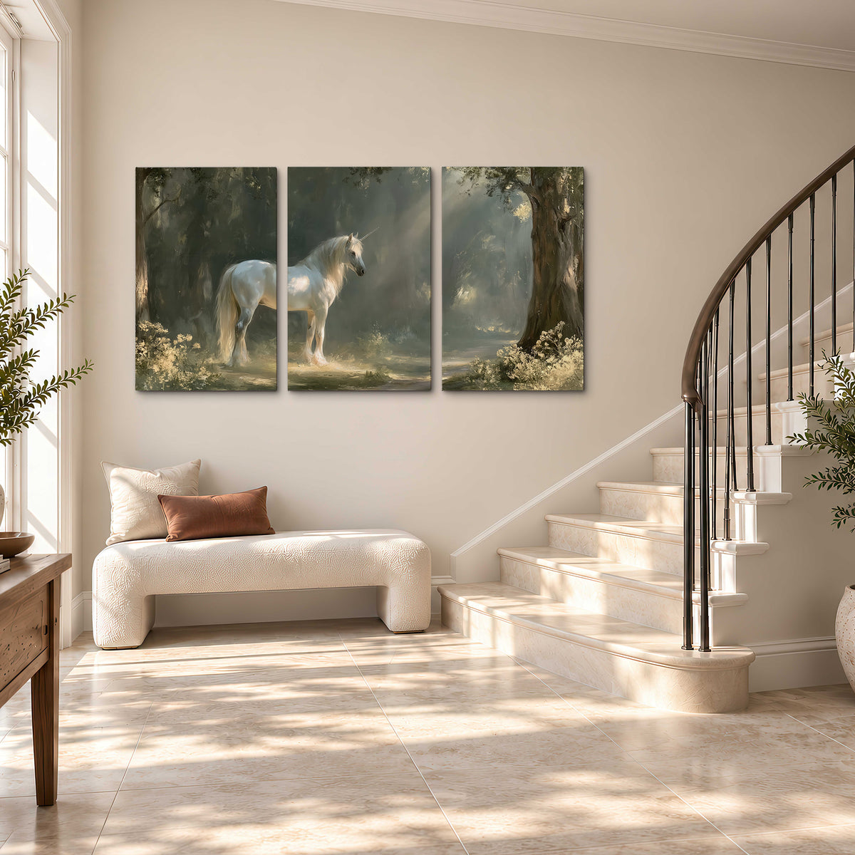 A white unicorn standing beneath arching trees in a softly lit woodland 3 piece canvas wall art styled in an interior