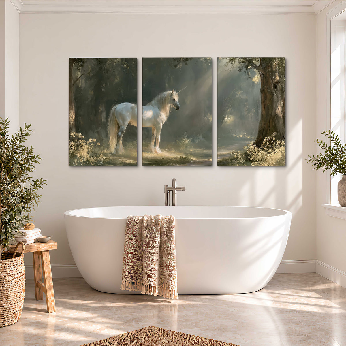 A white unicorn standing beneath arching trees in a softly lit woodland 3 piece canvas wall art styled in an interior