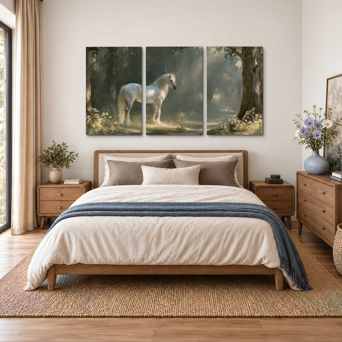 A white unicorn standing beneath arching trees in a softly lit woodland 3 piece canvas wall art styled in an interior