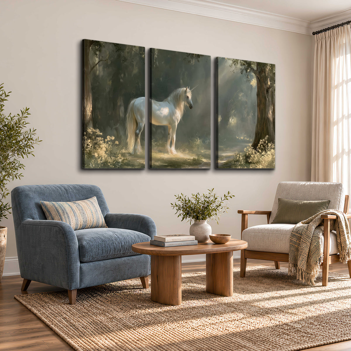 A white unicorn standing beneath arching trees in a softly lit woodland 3 piece canvas wall art styled in an interior