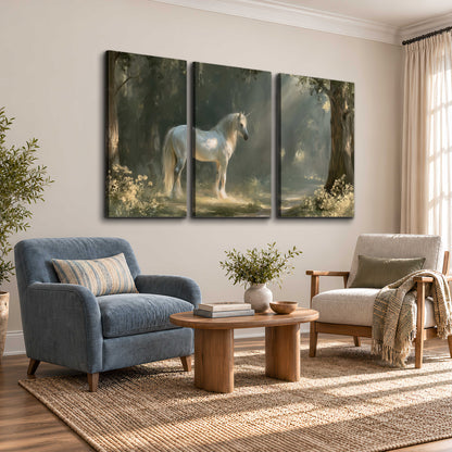 A white unicorn standing beneath arching trees in a softly lit woodland 3 piece canvas wall art styled in an interior