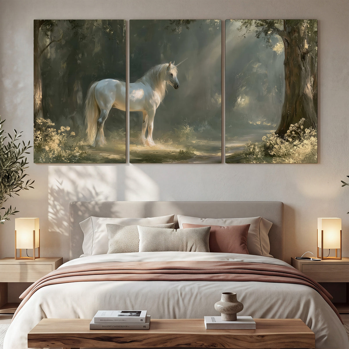 A white unicorn standing beneath arching trees in a softly lit woodland 3 piece canvas wall art displayed in a bedroom