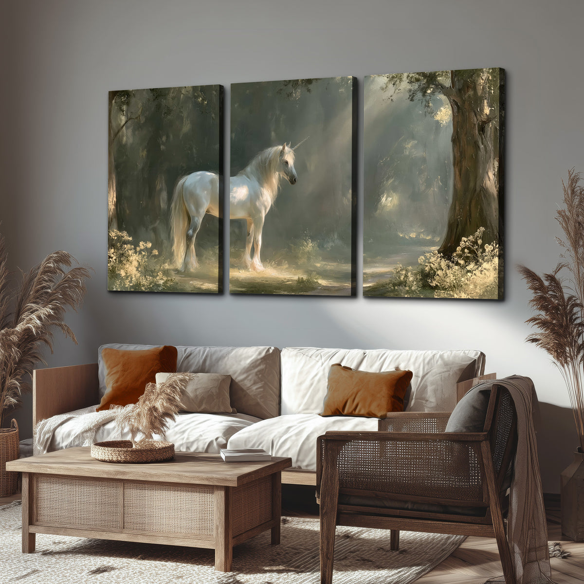 A white unicorn standing beneath arching trees in a softly lit woodland 3 piece canvas wall art displayed in a rustic living room