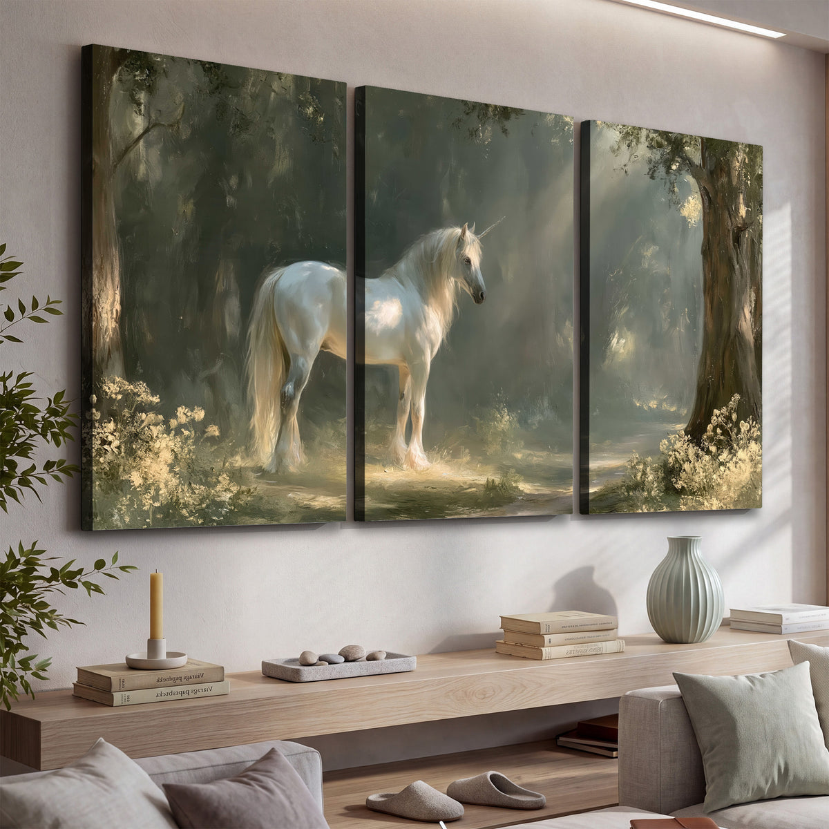 A white unicorn standing beneath arching trees in a softly lit woodland 3 piece canvas wall art displayed in a console