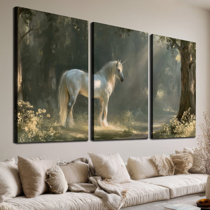 A white unicorn standing beneath arching trees in a softly lit woodland 3 piece canvas wall art room and product view