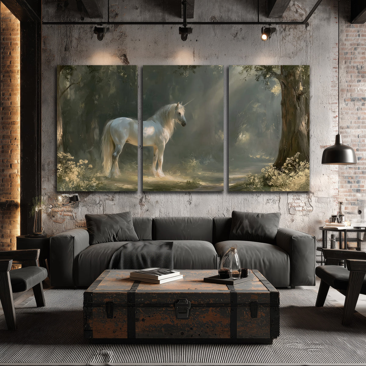 A white unicorn standing beneath arching trees in a softly lit woodland 3 piece canvas wall art displayed in a industrial room