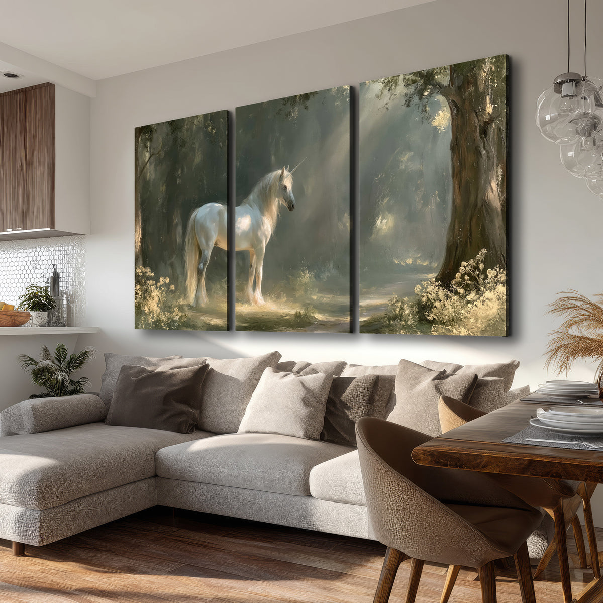 A white unicorn standing beneath arching trees in a softly lit woodland 3 piece canvas wall art room and product view