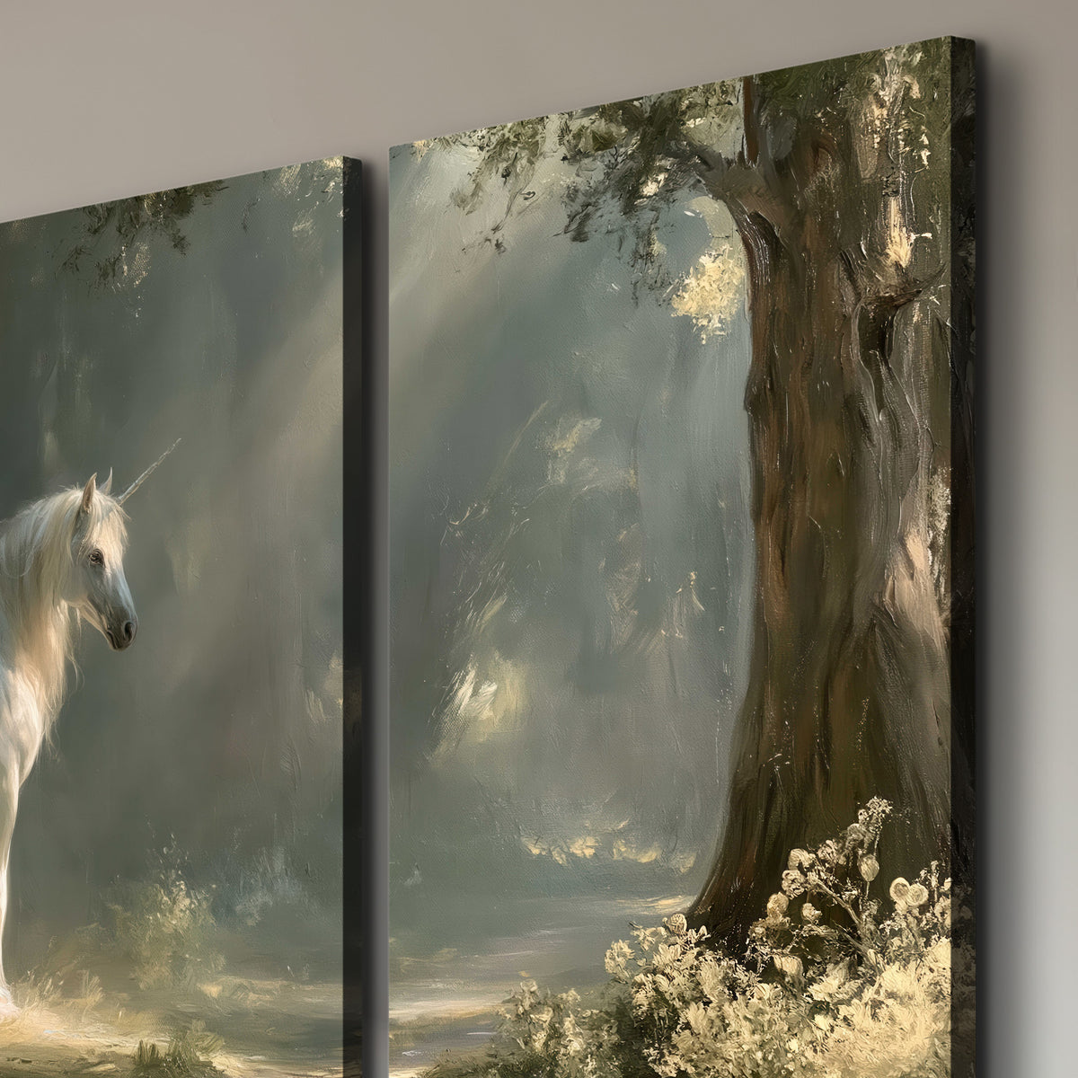 A white unicorn standing beneath arching trees in a softly lit woodland 3 piece canvas wall art room and product view