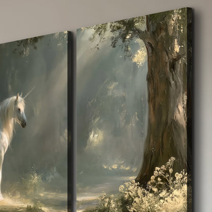 A white unicorn standing beneath arching trees in a softly lit woodland 3 piece canvas wall art room and product view