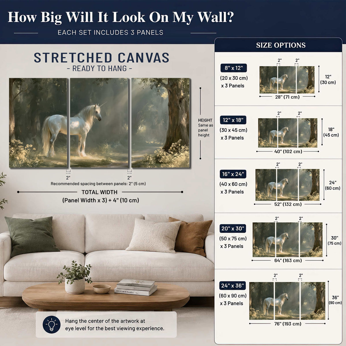 A white unicorn standing beneath arching trees in a softly lit woodland 3 piece canvas wall art size guide above a sofa; room view is illustrative