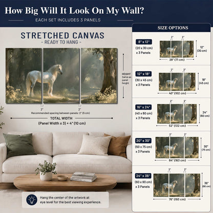A white unicorn standing beneath arching trees in a softly lit woodland 3 piece canvas wall art size guide above a sofa; room view is illustrative