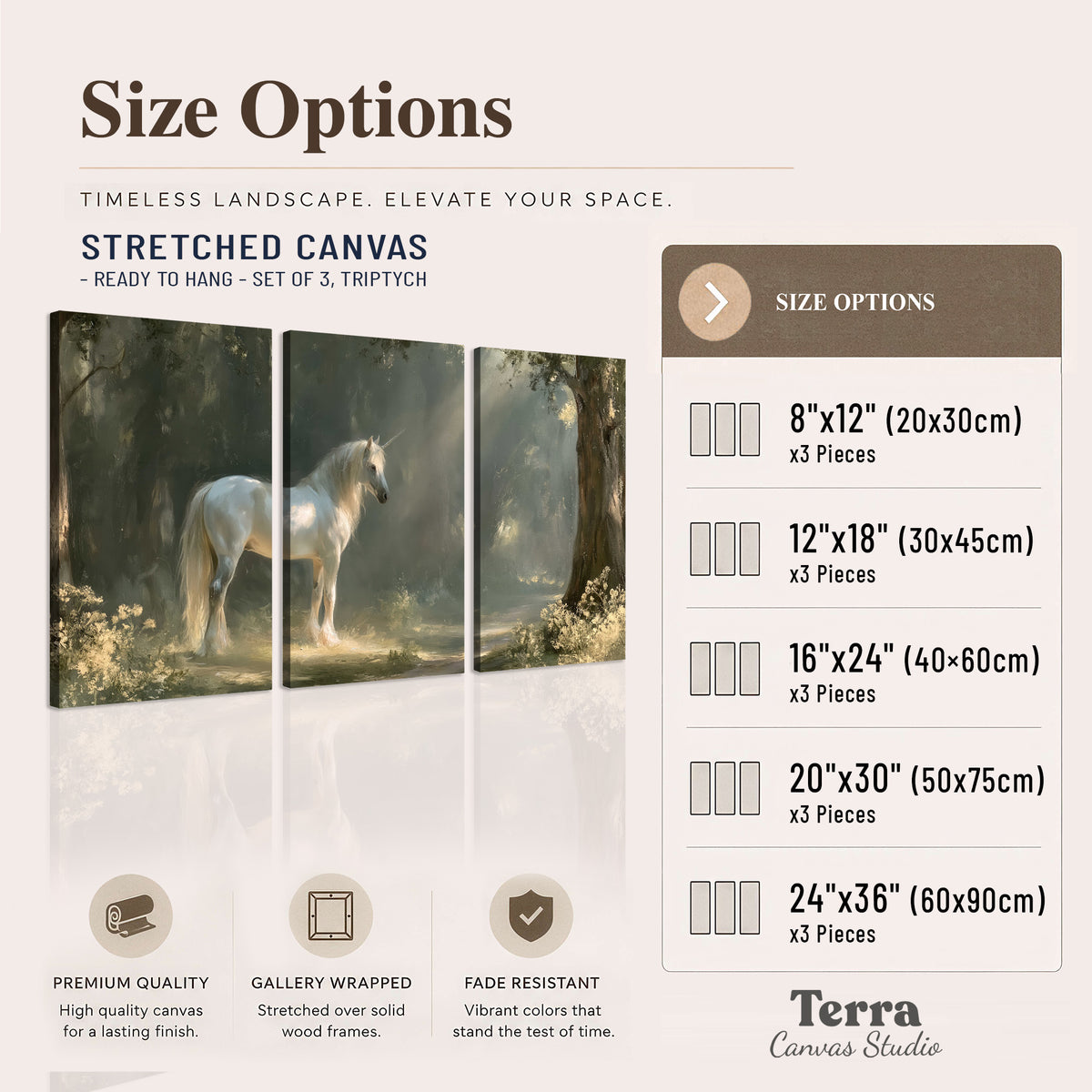 A white unicorn standing beneath arching trees in a softly lit woodland 3 piece canvas wall art available dimensions; triptych dimensions are per panel