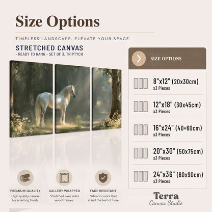 A white unicorn standing beneath arching trees in a softly lit woodland 3 piece canvas wall art available dimensions; triptych dimensions are per panel