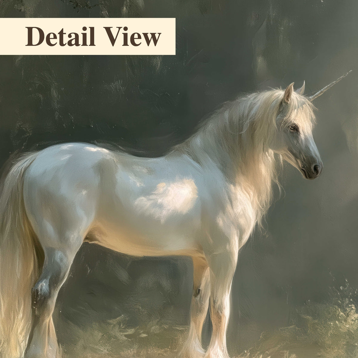 A white unicorn standing beneath arching trees in a softly lit woodland 3 piece canvas wall art artwork detail close up