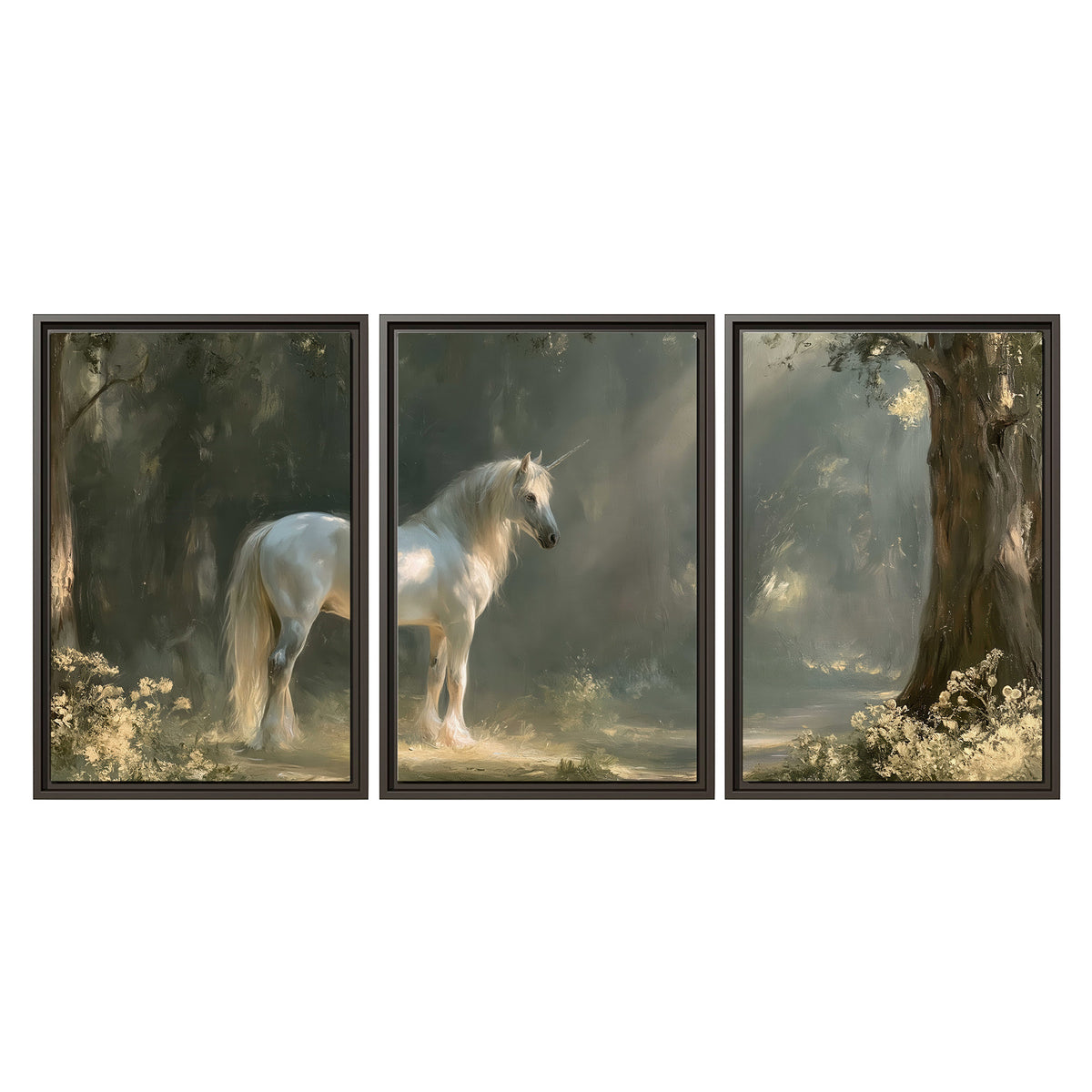 A white unicorn standing beneath arching trees in a softly lit woodland 3 piece framed canvas wall art viewed straight on